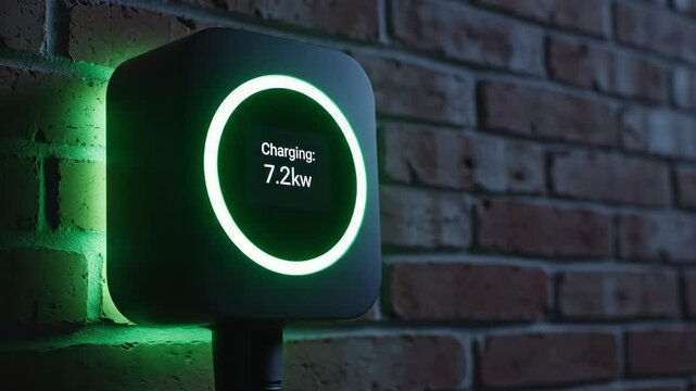 A sleek electric vehicle charging unit is affixed to a rugged brick wall, glowing with a vivid green light.