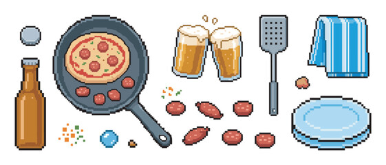 Pixel art food and drink set with pizza in a frying pan, beer glasses, a bottle, and kitchen utensils designed in a retro 8-bit video game style illustration
