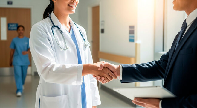 Professional handshake between female doctor in white coat with stethoscope and businessman in suit inside modern hospital hallway during bright day