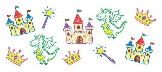 Obraz premium Colorful children's crayon drawings of fairytale castles, cute dragons, royal crowns, and magic wands scattered in a whimsical and playful hand-drawn artistic style