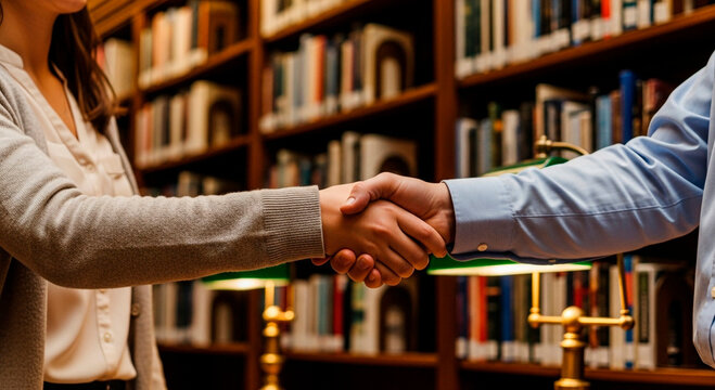 Two individuals shaking hands in front of bookshelves in a library, representing knowledge, education, partnership, and research collaboration in academic setting