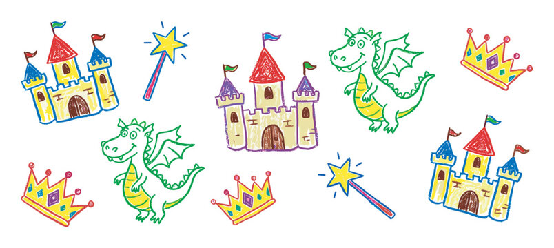 Colorful children's crayon drawings of fairytale castles, cute dragons, royal crowns, and magic wands scattered in a whimsical and playful hand-drawn artistic style