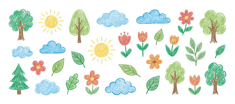 Collection of colorful children's crayon drawings featuring trees, flowers, suns, and clouds in a cute and playful hand-drawn doodle style for creative projects