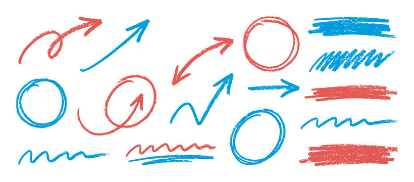 Hand-drawn red and blue arrows, circles, and lines with a rough crayon texture, a set of doodle elements for highlighting, pointing, and marking in graphic design projects
