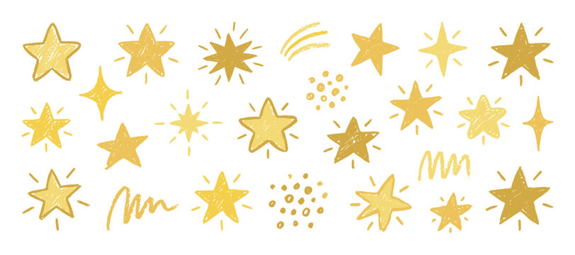 Hand drawn golden stars and celestial elements in a cute doodle style, this whimsical collection includes various star shapes, sparkles, and decorative squiggles for festive design
