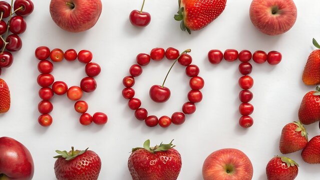 &ldquo;The word &lsquo;Rot&rsquo; formed entirely from realistic red objects like apples, strawberries, cherries, bright red balls, shiny texture, soft natural shadows, clean white background, close-up, photorealistic 