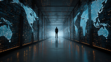 Silhouette in a futuristic data corridor with glowing world maps