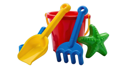 Brightly colored children's beach toys including a bucket, shovels, and starfish