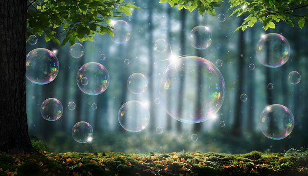 Rainbow Bubbles Floating Around a Silent Forest Edge Creating a Dreamlike, Peaceful Nature Atmosphere