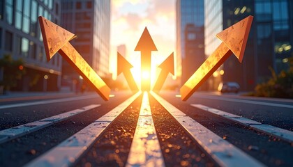 Multiple colorful 3D arrows rising upward against light blue background, symbolizing growth and dynamic progress