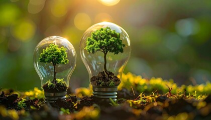 Transparent light bulb with tree growing inside, resting on moss in forest with sunlight filtering through trees
