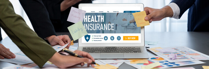 Analyst team use sticky note for creative and analytic brainstorm for business idea with BI data dashboard on laptop screen. Analysis financial data visualization tech for marketing strategy. Prodigy