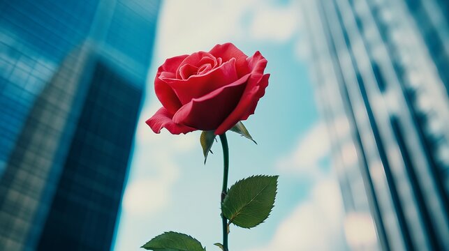 A single red rose stands tall in front of a blurred cityscape with skyscrapers and a blue sky with clouds.