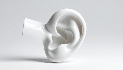 Sculpted white human ear with smooth contours on light gray background, emphasizing anatomical form and abstraction