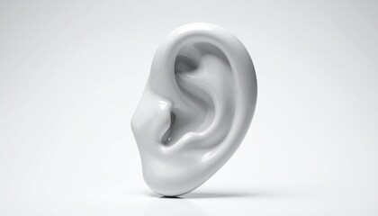 Sculpted white human ear with smooth contours on light gray background, emphasizing anatomical form and abstraction
