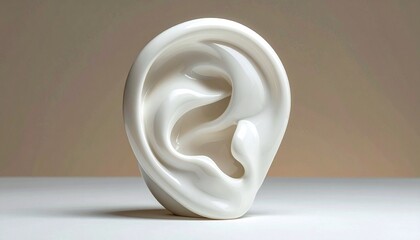 Sculpted white human ear with smooth contours on light gray background, emphasizing anatomical form and abstraction