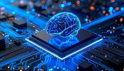 Glowing blue brain with circuit patterns hovering above CPU on illuminated motherboard, symbolizing artificial intelligence