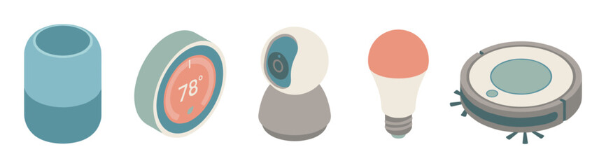 Set of isometric smart home devices including a speaker, thermostat, camera, light bulb, and robotic vacuum cleaner for home automation concepts