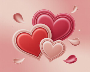Romantic pink 3D hearts with falling rose petals soft background