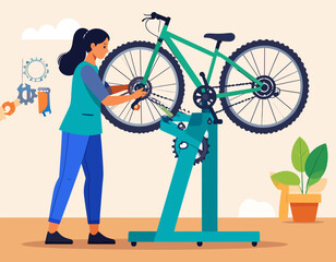 Professional female mechanic repairing a bicycle in a workshop. Flat vector illustration of bike maintenance, service, and technical repair skills.