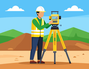 A male surveyor in a hard hat and vest operates a total station on a tripod at a construction site.