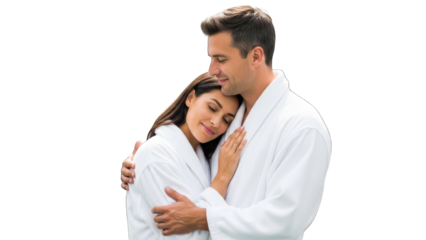 Couple in white robes, embracing tenderly, isolated with a black background