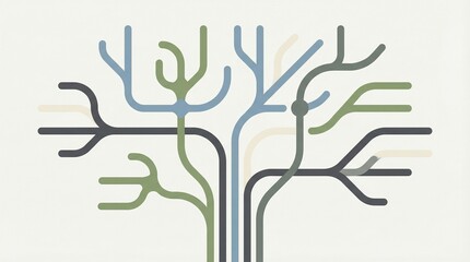 Obraz premium Abstract illustration of a tree-like network with branches in muted greens blues and beige tones, symbolizing growth, connectivity and data networks on a light background