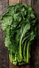 Freshly Harvested Leafy Greens on Wooden Surface with Negative Space