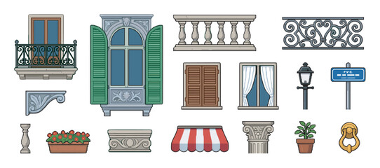 Naklejka premium Collection of European architectural elements illustrations featuring classic windows, ornate balconies, shutters, awnings, and street decor in a detailed cartoon vector style