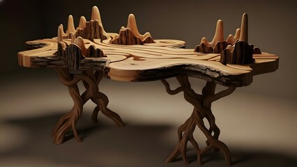 Artistic Wooden Coffee Table Sculpted as a Mountain Landscape with Natural Tree Root Base
