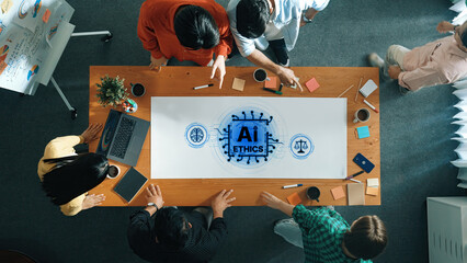 A diverse group of professionals collaborates in a modern workspace, discussing AI ethics while...