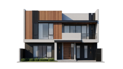 Front view rendering of a modern, multi-level house with mixed exterior materials
