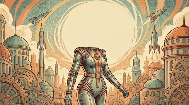 A futuristic steampunk cityscape featuring a sleek humanoid robot standing among ornate gears, towers, and rocket ships under a sun, blending advanced technology and imagination