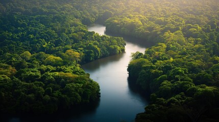 Fototapeta premium Bird’s-eye view of the Amazon rainforest with winding river through dense green canopy, sunlight reflecting on water, immersive natural landscape symbolizing environmental conservation.