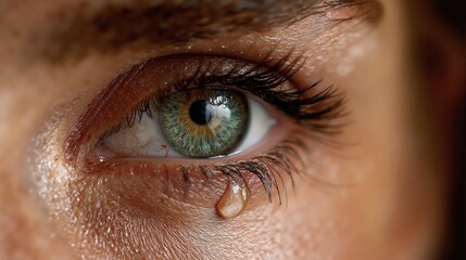Closeup of tearful green eye with detailed eyelashes and emotional expression