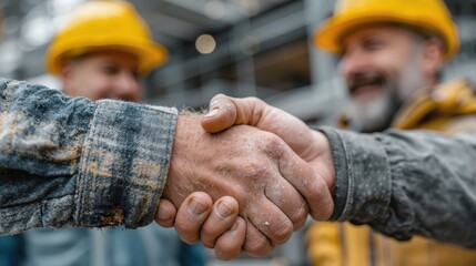 Handshake between construction workers in hard hats on job site celebrating successful project collaboration