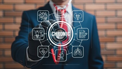 Businessman interacting with chronic health interface on virtual screen