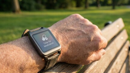 elderly person's wrist with smartwatch reminding medication in sunny park setting