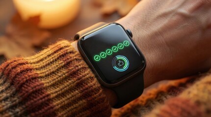 close-up of smartwatch on wrist displaying glowing icons next to candle in cozy autumn setting
