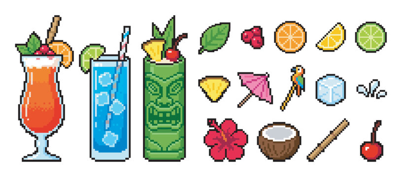 Pixel art tropical cocktail and garnish set with a tiki mug, orange drink, and blue lagoon, featuring fruit slices, hibiscus, and a parrot stirrer for a retro video game aesthetic