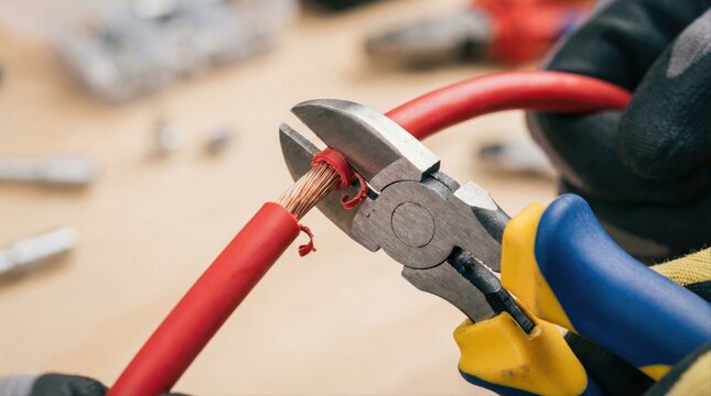 close-up of pliers stripping red electric cable on a workbench in a workshop setting