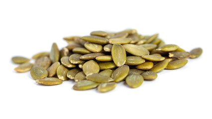 Pumpkin seeds isolated on white background. food