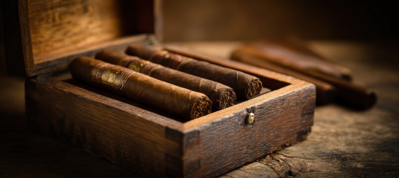 Premium Cigars in Open Wooden Box with Warm Lighting for Marketing