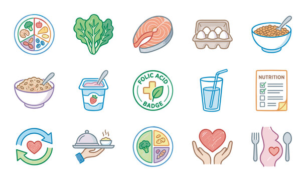 Collection of colorful hand-drawn nutrition icons representing a healthy pregnancy diet, with a food plate, salmon, eggs, folic acid badge, and other wellness symbols