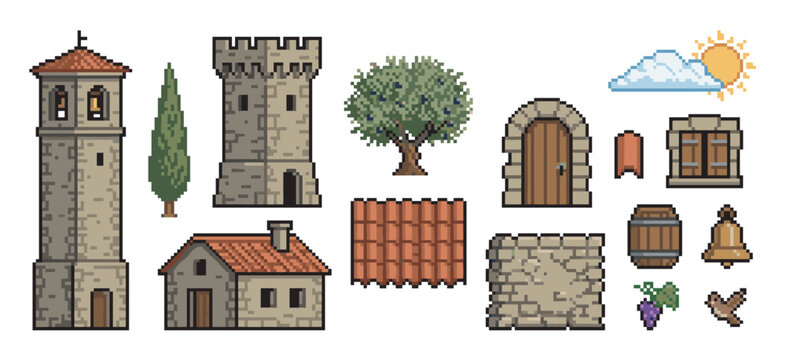 Pixel art game assets set for a medieval Mediterranean village, featuring a stone bell tower, castle keep, house with tiled roof, olive tree, and architectural elements