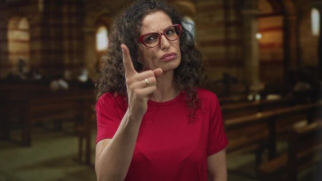 Woman in red shirt finger pointing to camera in church building with stern expression; anger rebuke admonition warning.