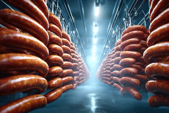 Symmetrical Rows of Freshly Formed Sausages in Processing Chamber