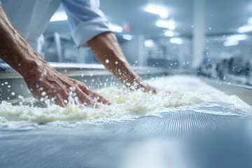Worker Filtering Fresh Milk Through Mesh in Sterile Processing Area