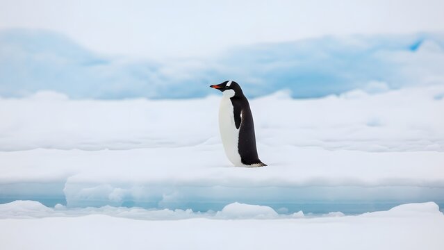 Single gentoo penguin standing on ice floe in desolate arctic landscape with soft blue sky and blurred background exploration and wildlife concept - Powered by Adobe