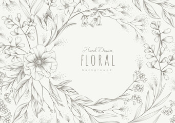Obraz premium Background with detailed various flowers and foliage, intricate details and delicate forms. Hand drawn vector illustration with elegant botanical elements for invitation, save the date card